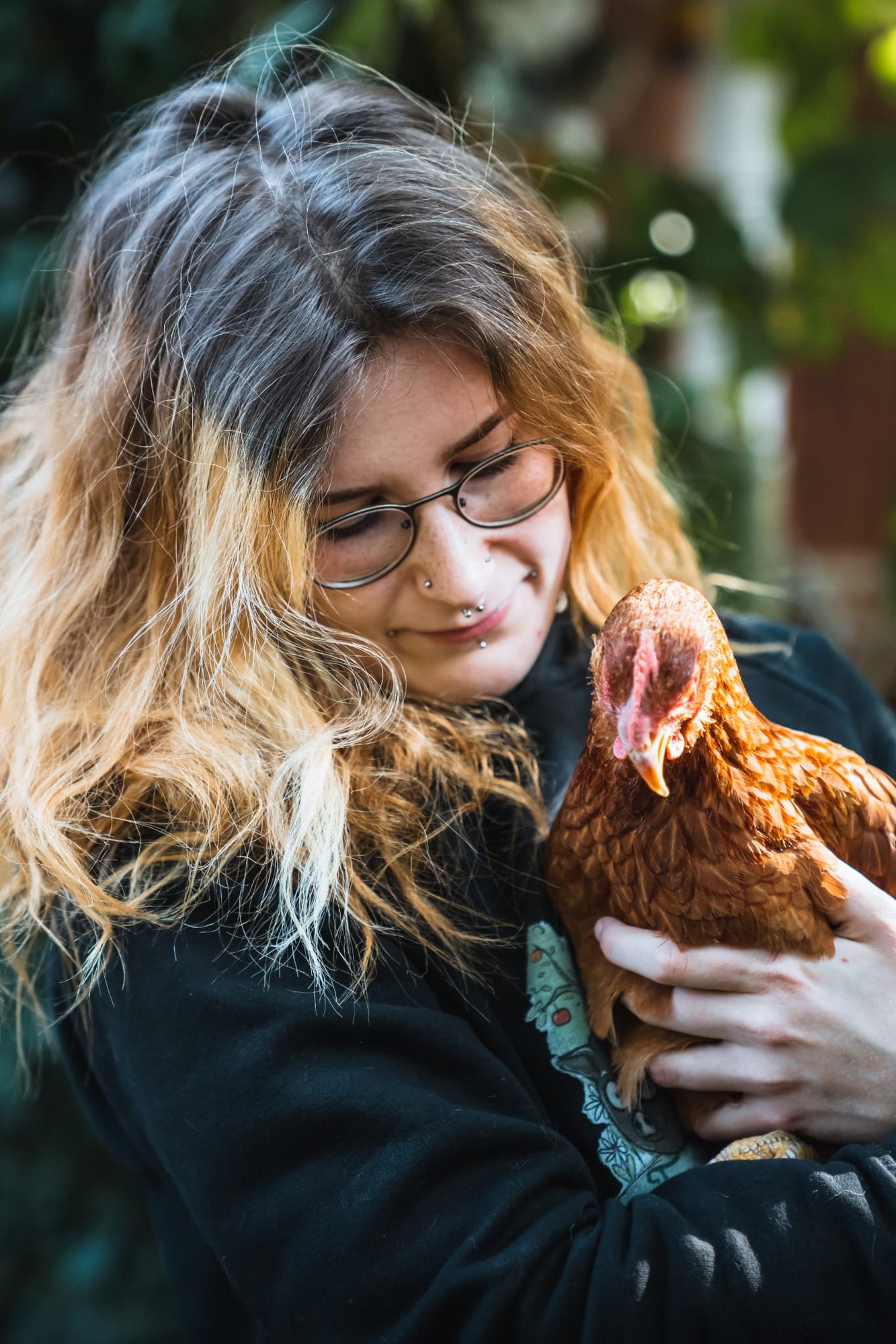 Eine Frau beugt sich über zwei ruhende Schweine und legt ihnen eine Hand auf den Rücken.
